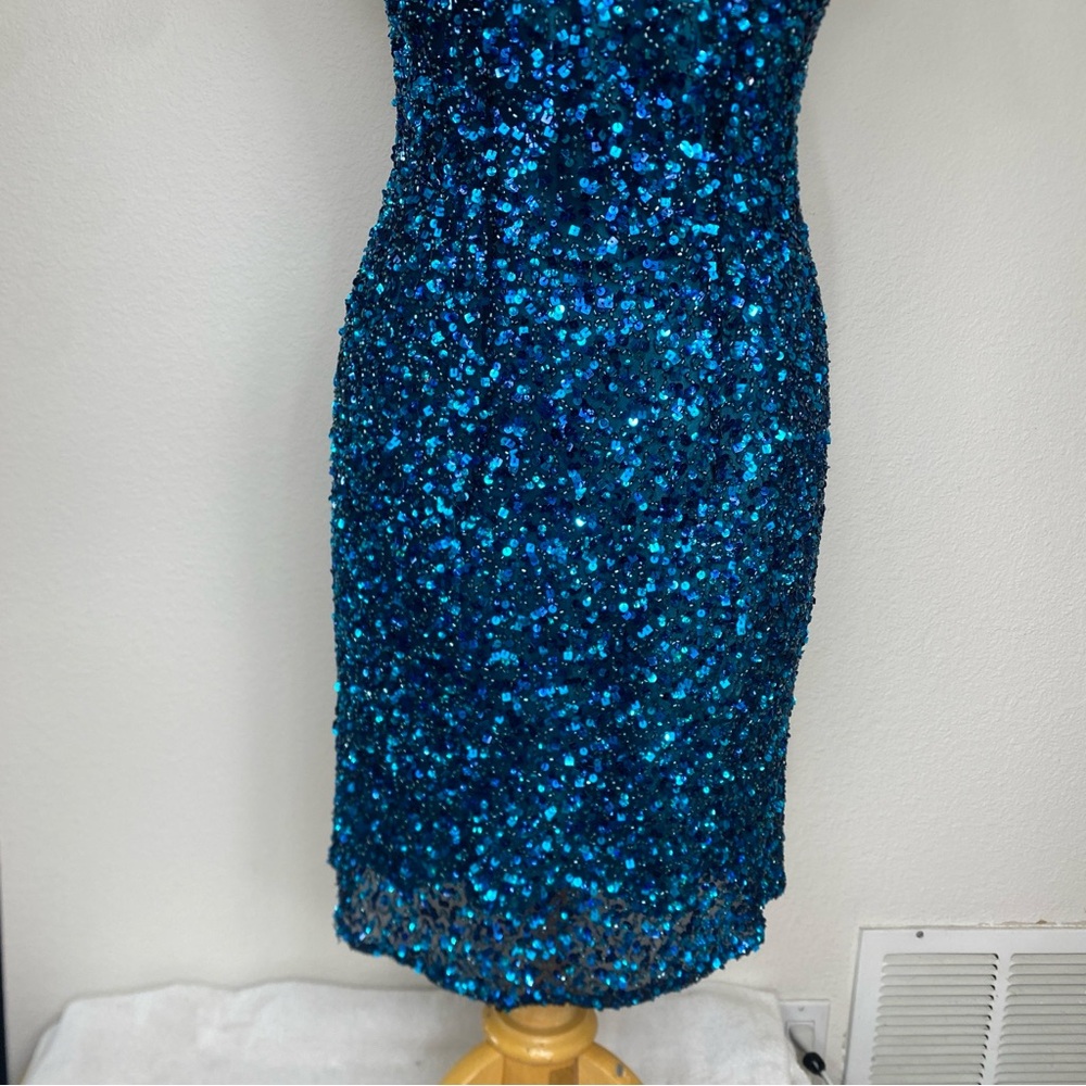 Vintage Women's Scala Blue Beaded Cap Sleeve Sheath Dress Size 14 Party Glam - Picture 6 of 16